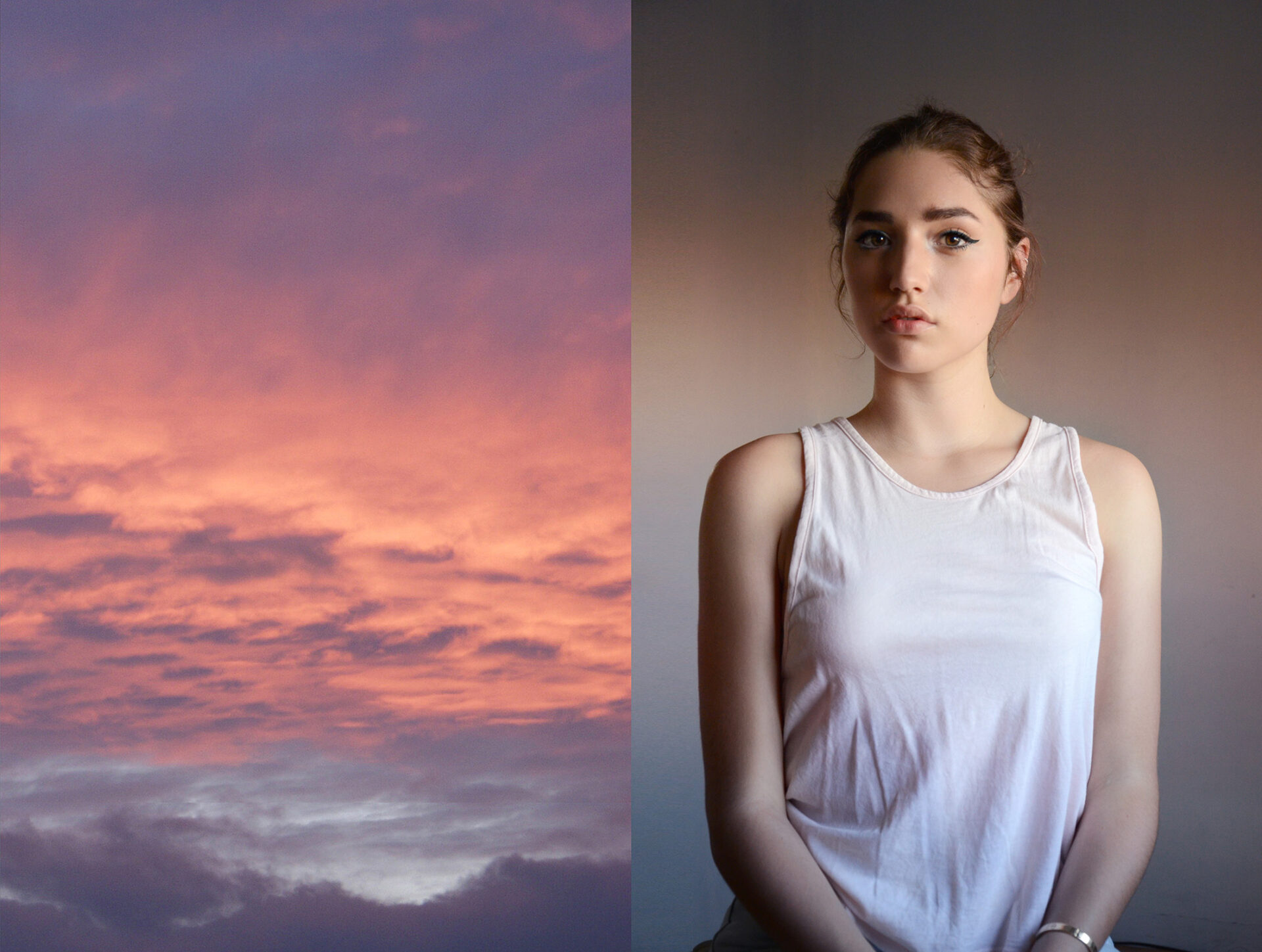 Monica Mena a serene individual stands against a muted background juxtaposed against a vibrant sunset sky.